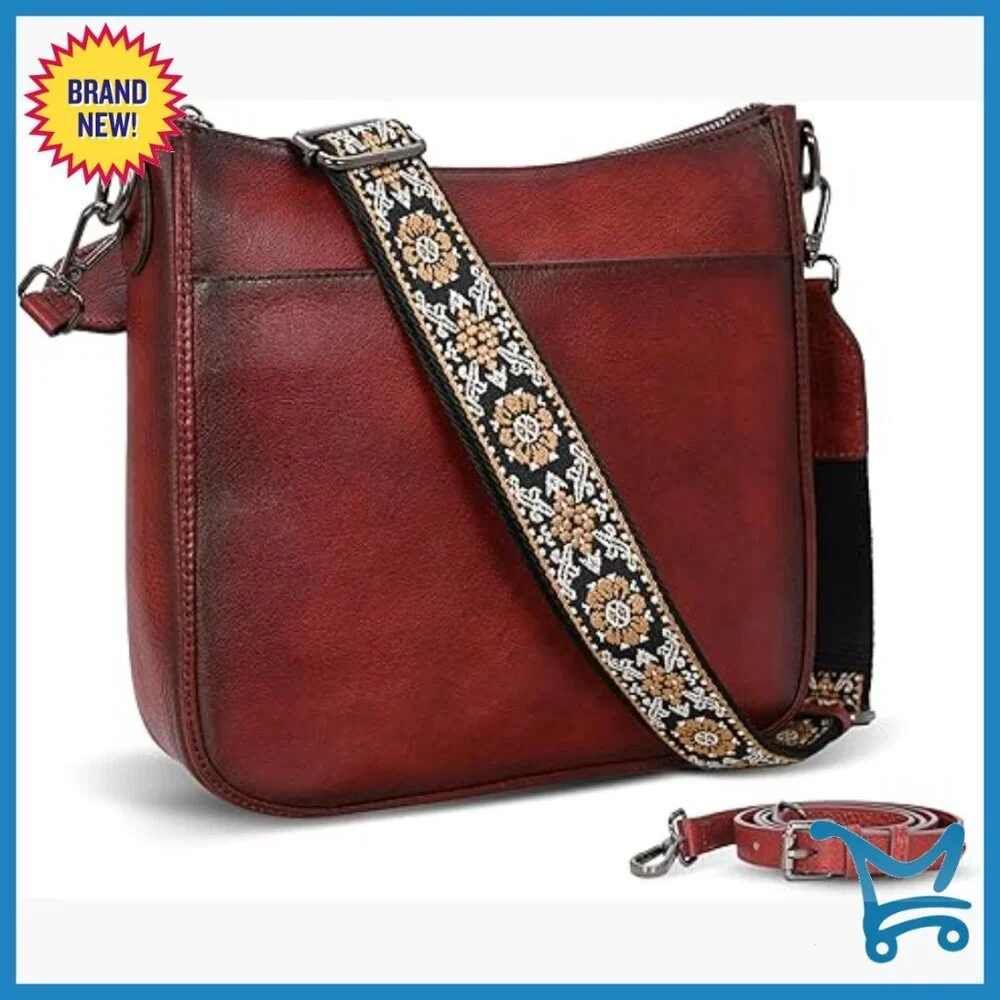 Genuine Leather Crossbody Bag with Guitar Strap, Multi-Pocket Hobo Purse